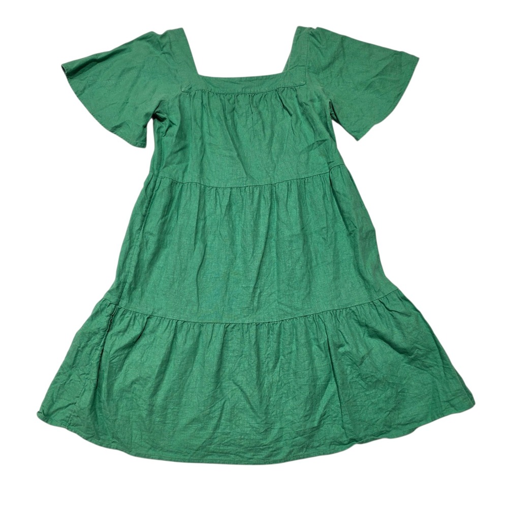 LOFT Outlet Dress Women SP Green Linen Blend Tiered‎ Flutter Sleeve Square Neck